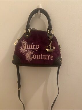 Juicy Couture Plum Velvet Dome Satchel with Black Trim and Gold Crown Charm